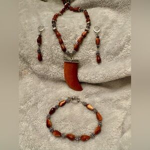 Set of Vintage Brown Sandstone Necklace, pendant, earrings and bracelet.